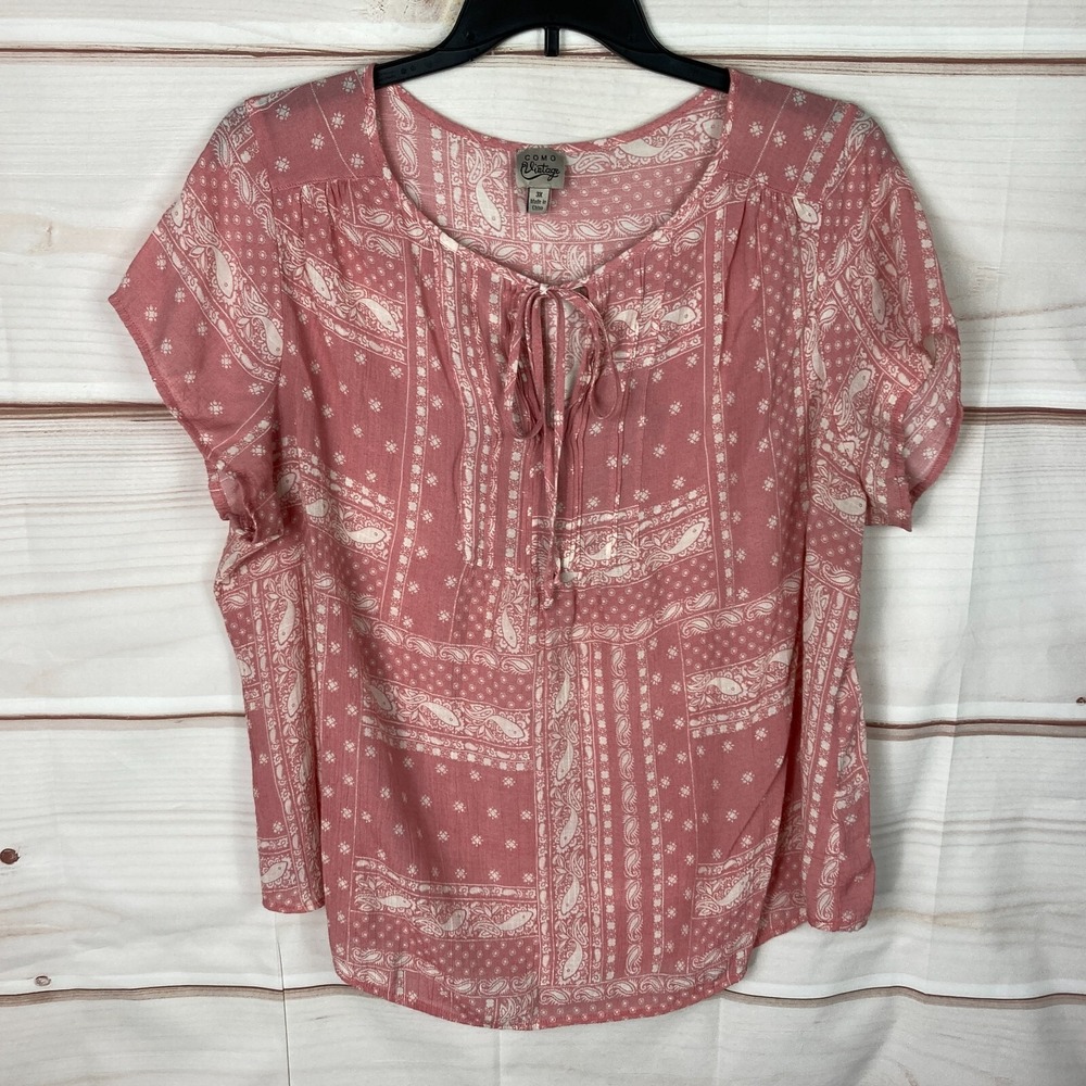 Como Vintage Top Womens 3X Pink Printed Blouse Tie Neck Short Sleeve Pullover